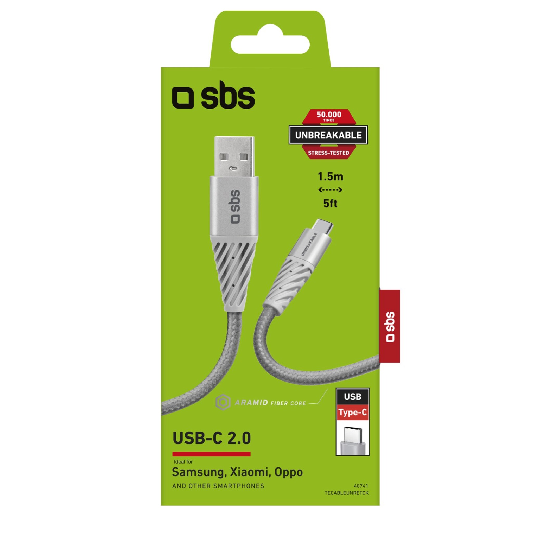 SBS Ultra-Durable Aramid Fibre USB - USB C Cable. Grey