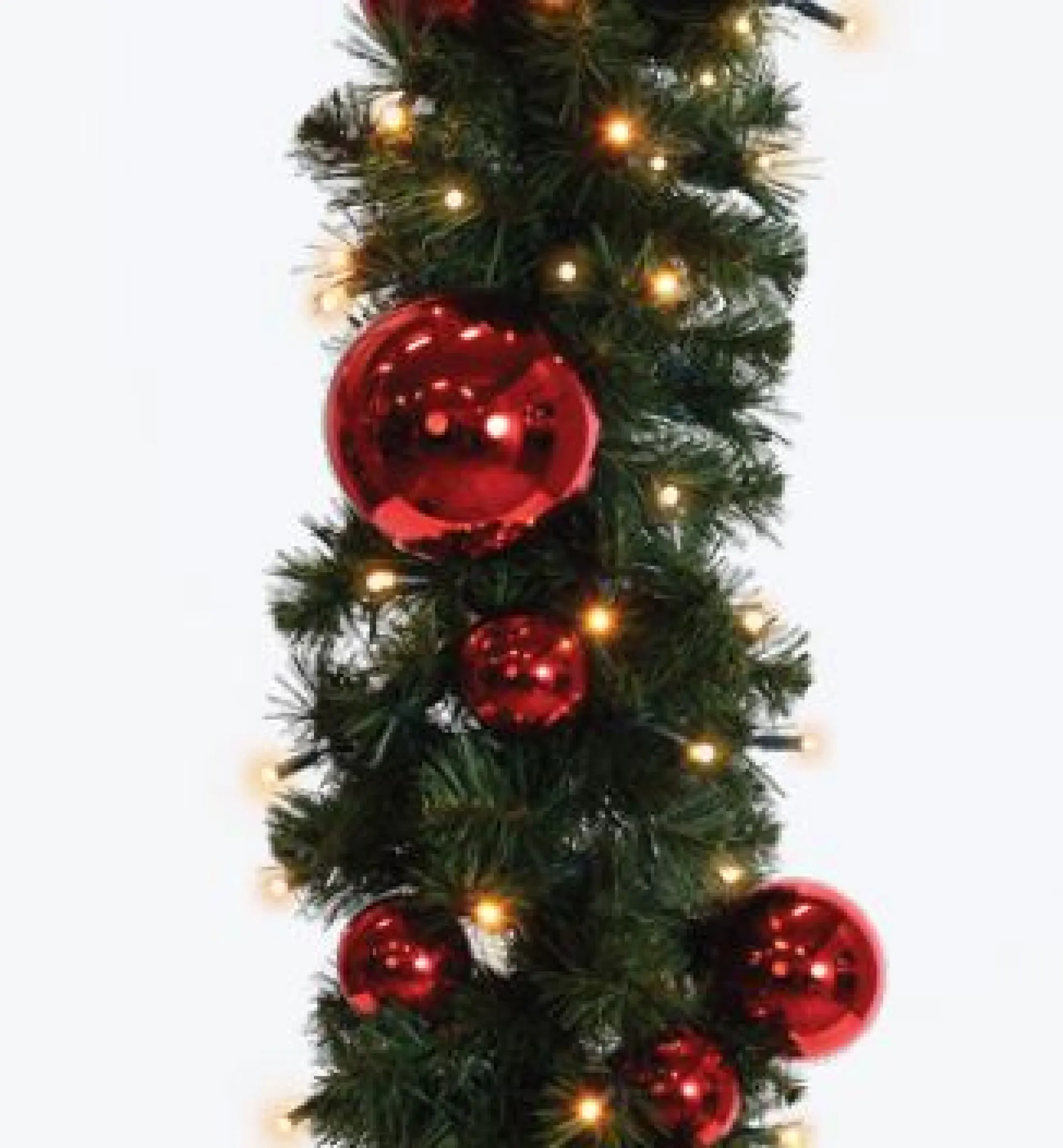 Christmas Garland with Red Balls and Warm Light. 700 cm / 87 Balls