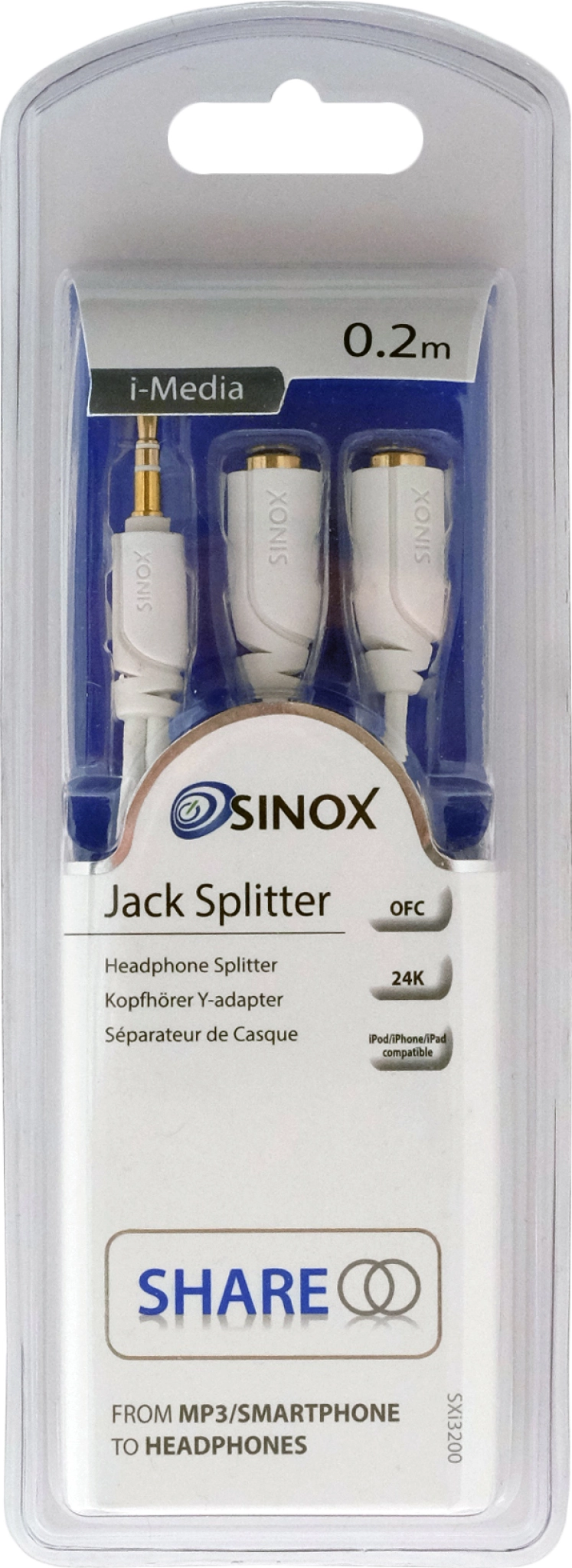 Sinox splitter for hodetelefoner. 0.2m. Hvit