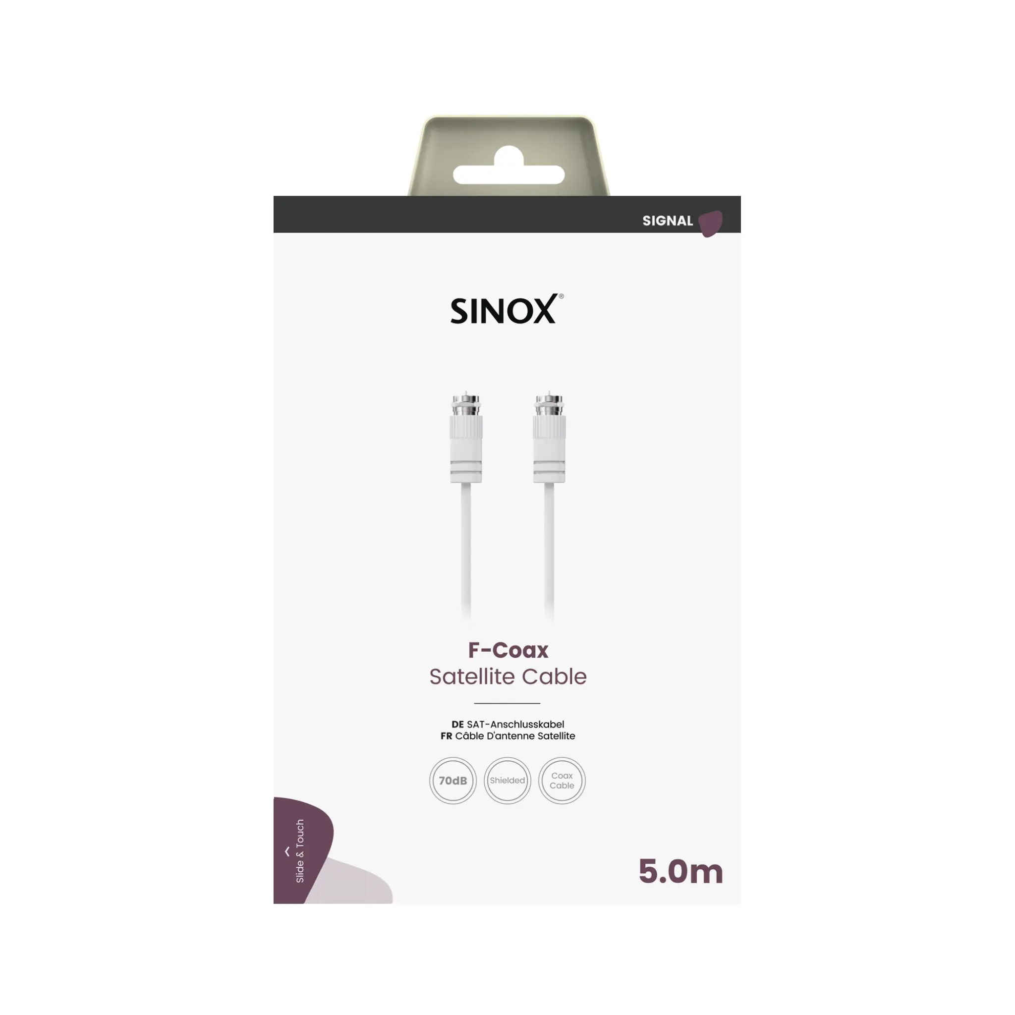 Sinox antennekabel med koaksial og F-kontakt. 5m. Hvit