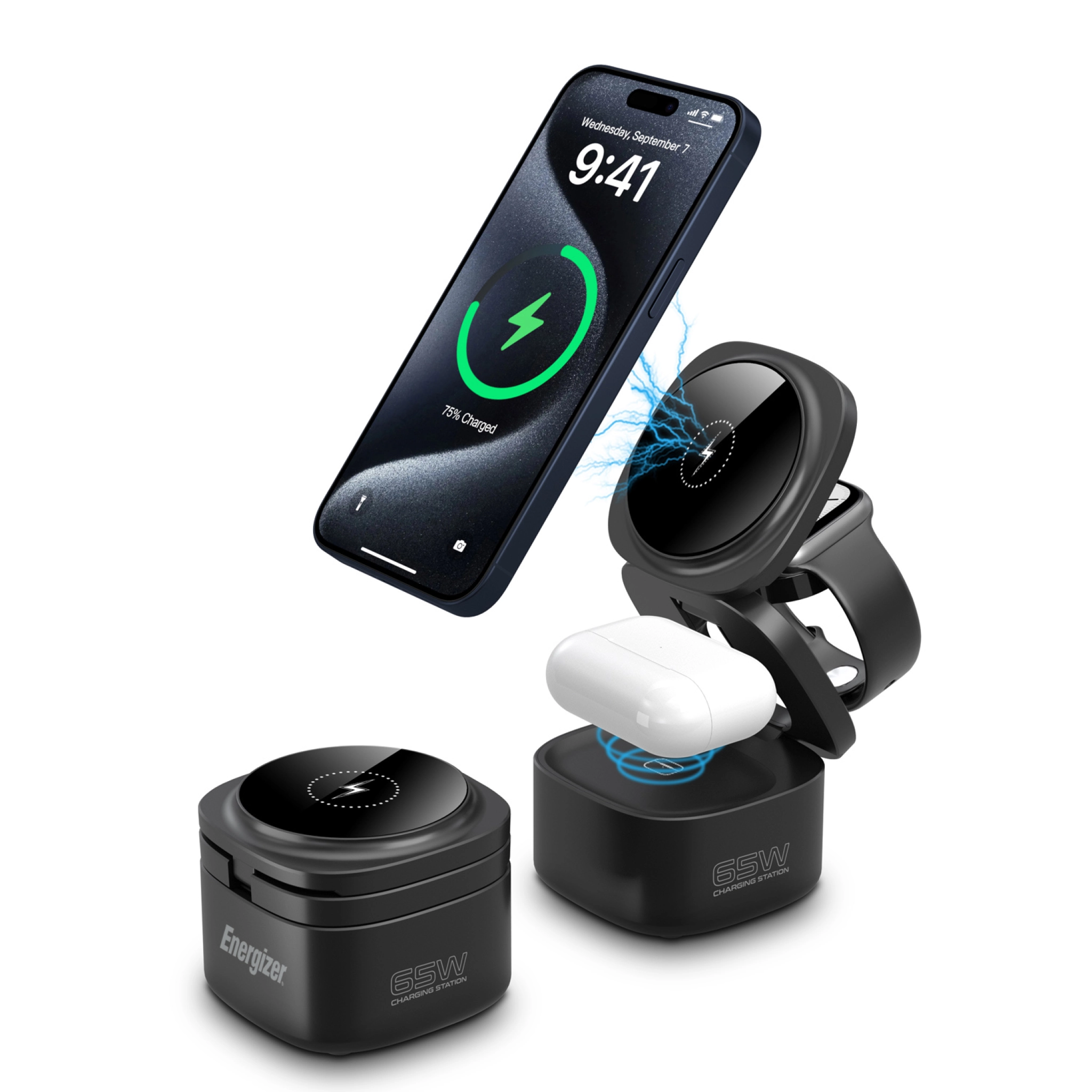 Energizer 3-i-1 trådløs ladestasjon med 65 W USB-C PD. Svart