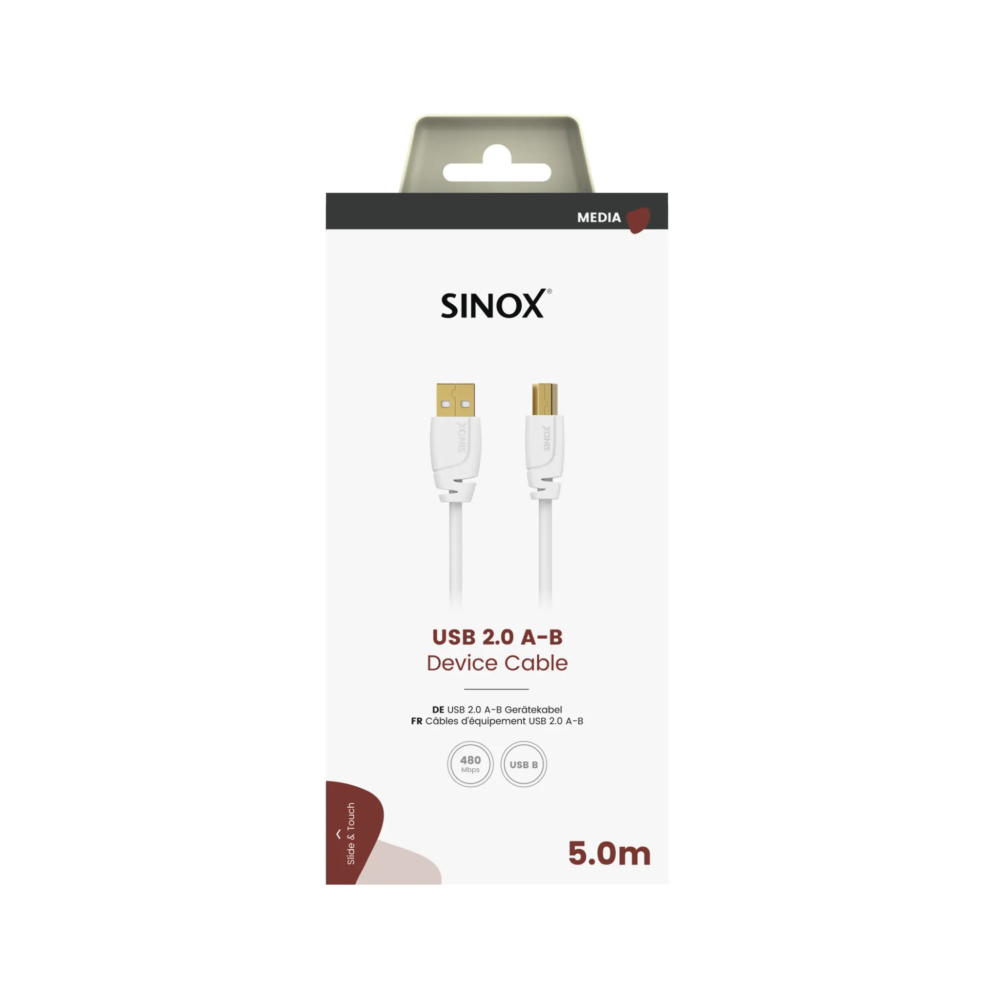 Sinox USB 2.0-skriverkabel. 5m. Hvit