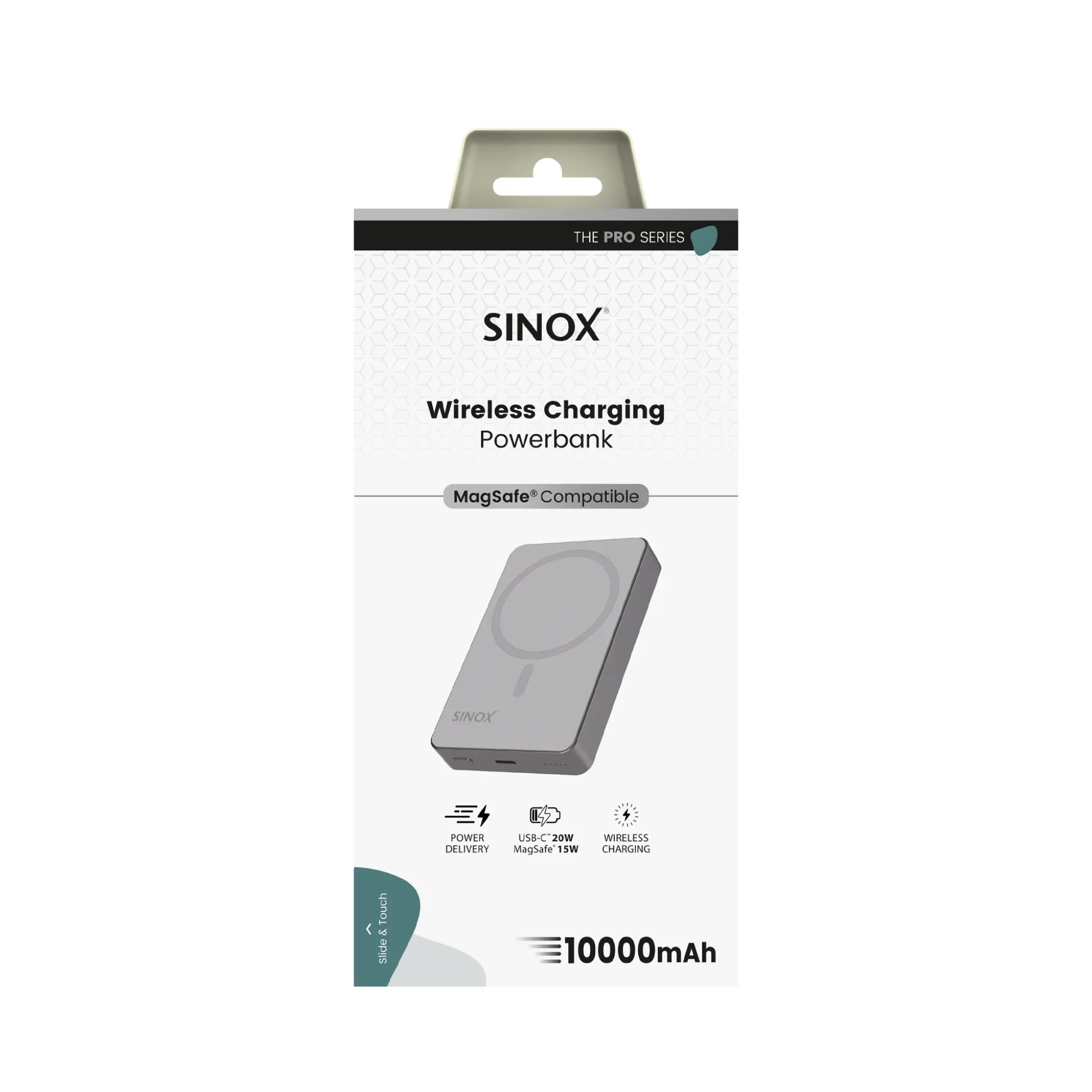 Sinox PRO trådløs strømbank 10000 mAh. Grå