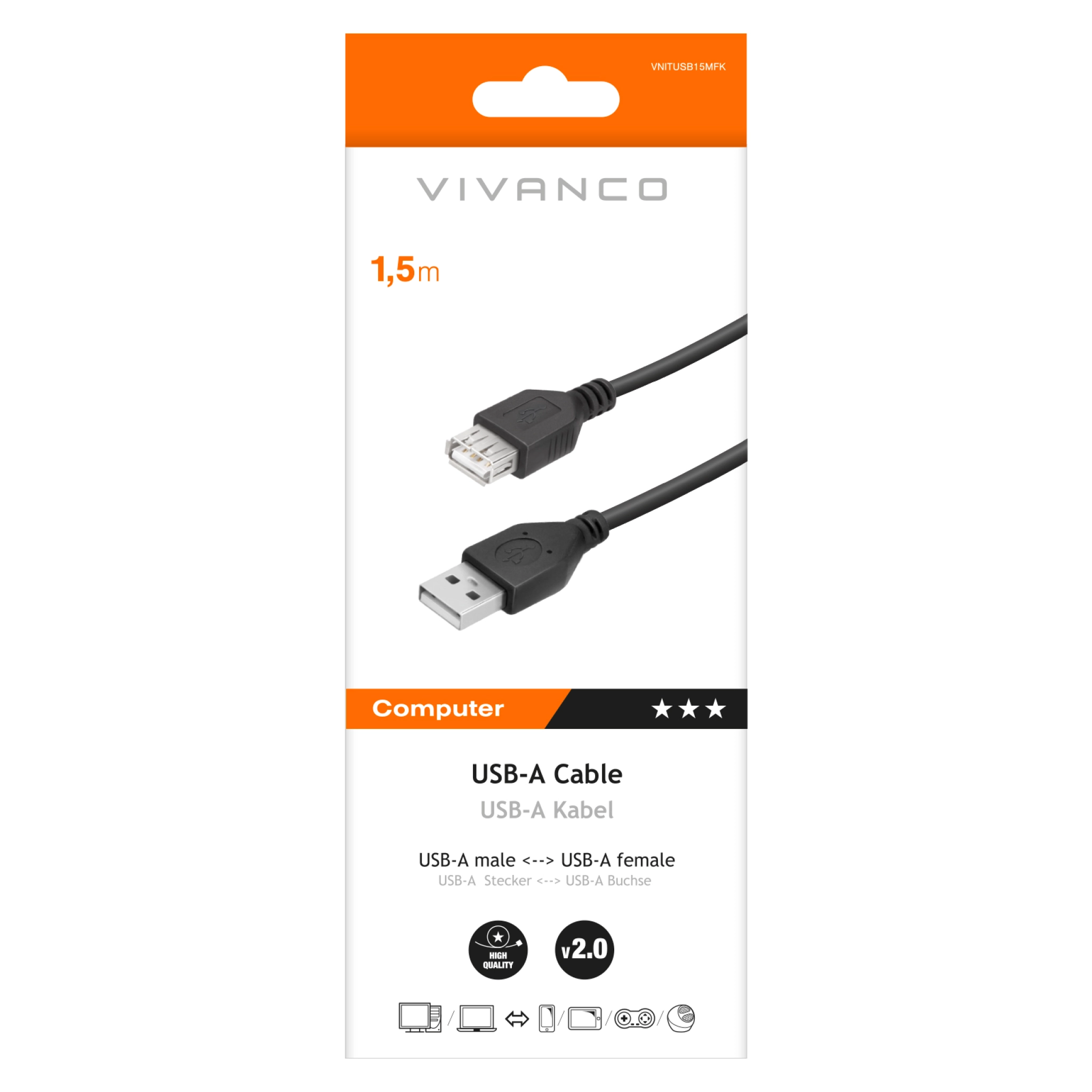 Vivanco høyhastighets USB-A hann til hunn-kabel for dataoverføring og lading. Svart