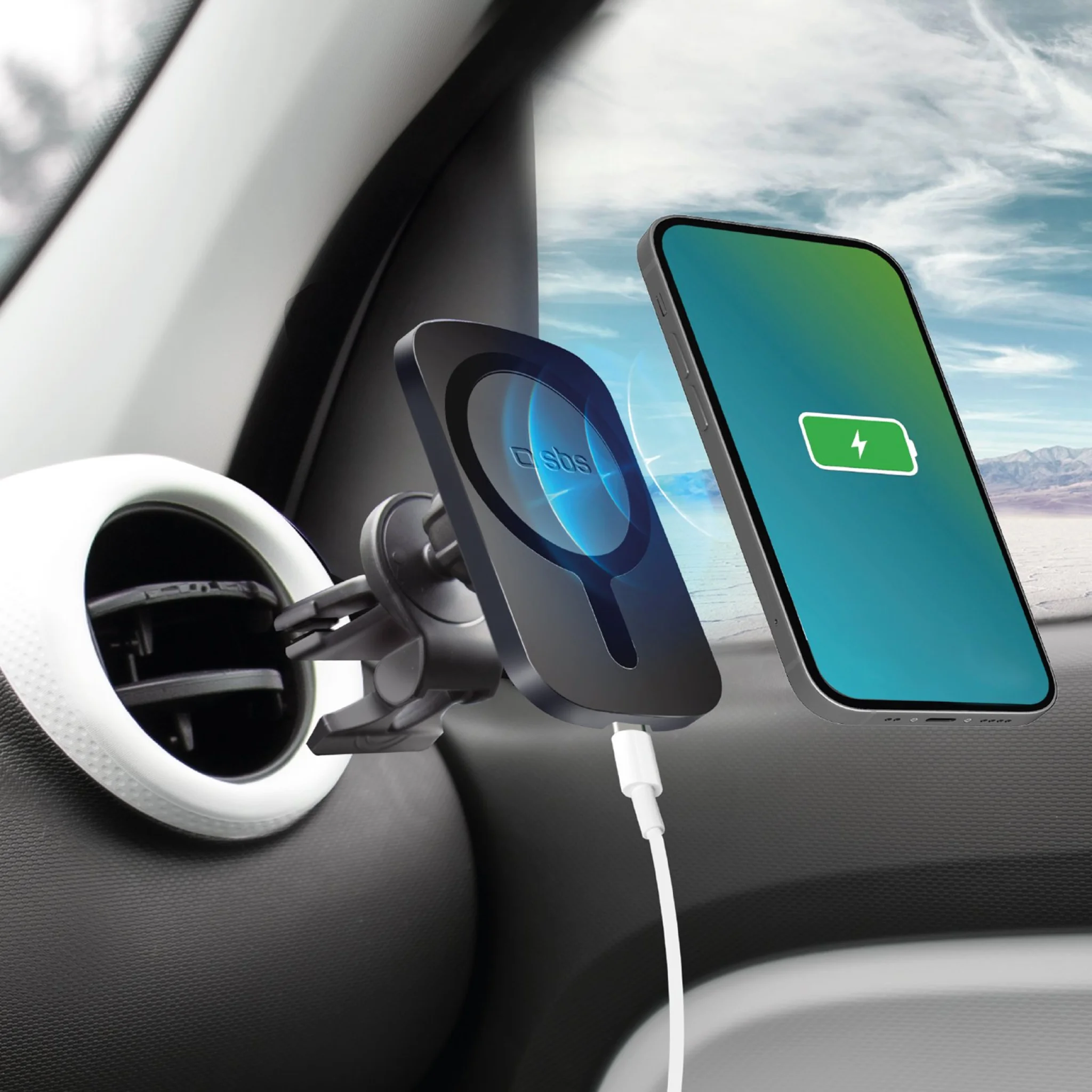 SBS Magnetic Phone Holder and Wireless MagSafe™ Charger for Cars. Black