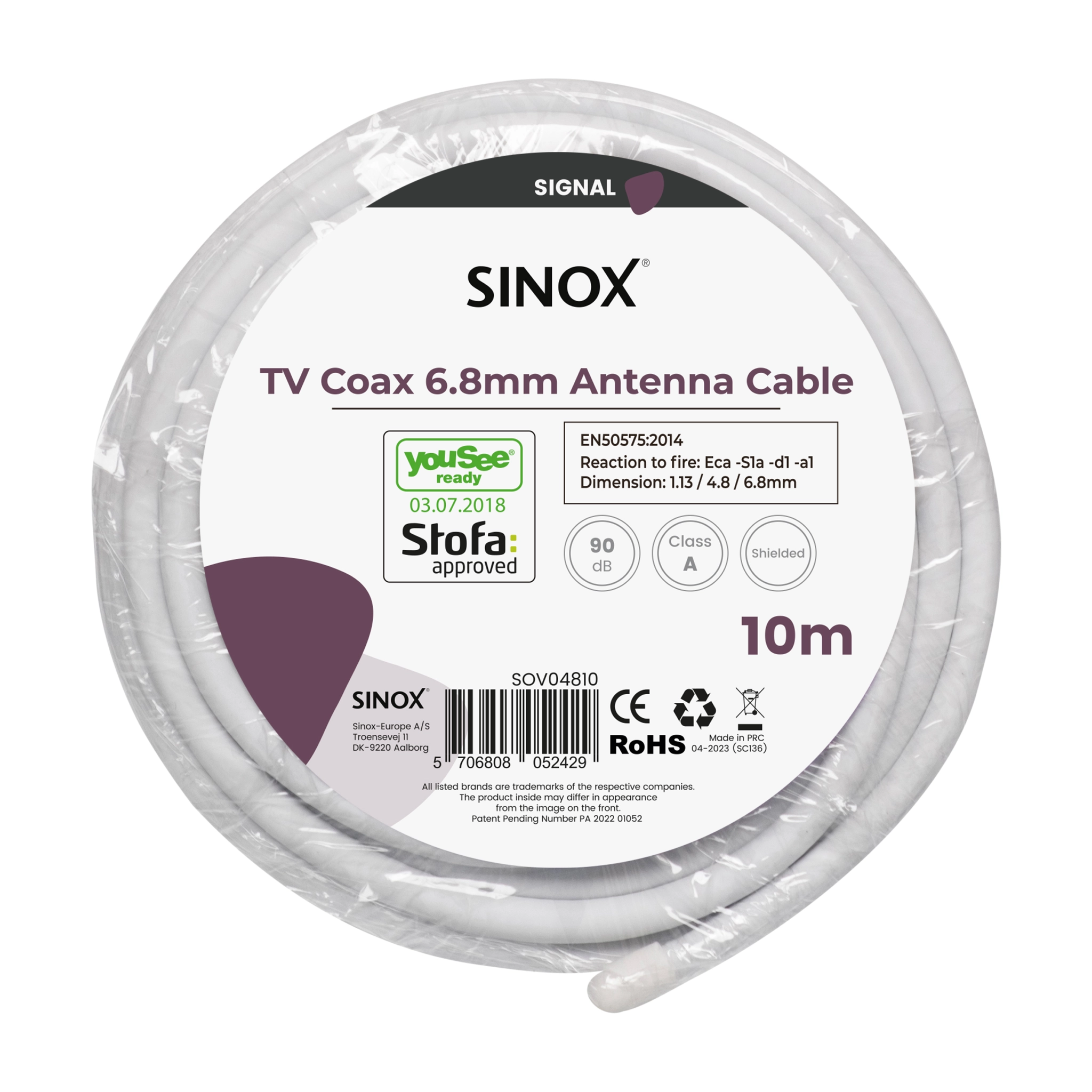Sinox antennekabel. 10m. Hvit. Yousee & Stofa godkjent