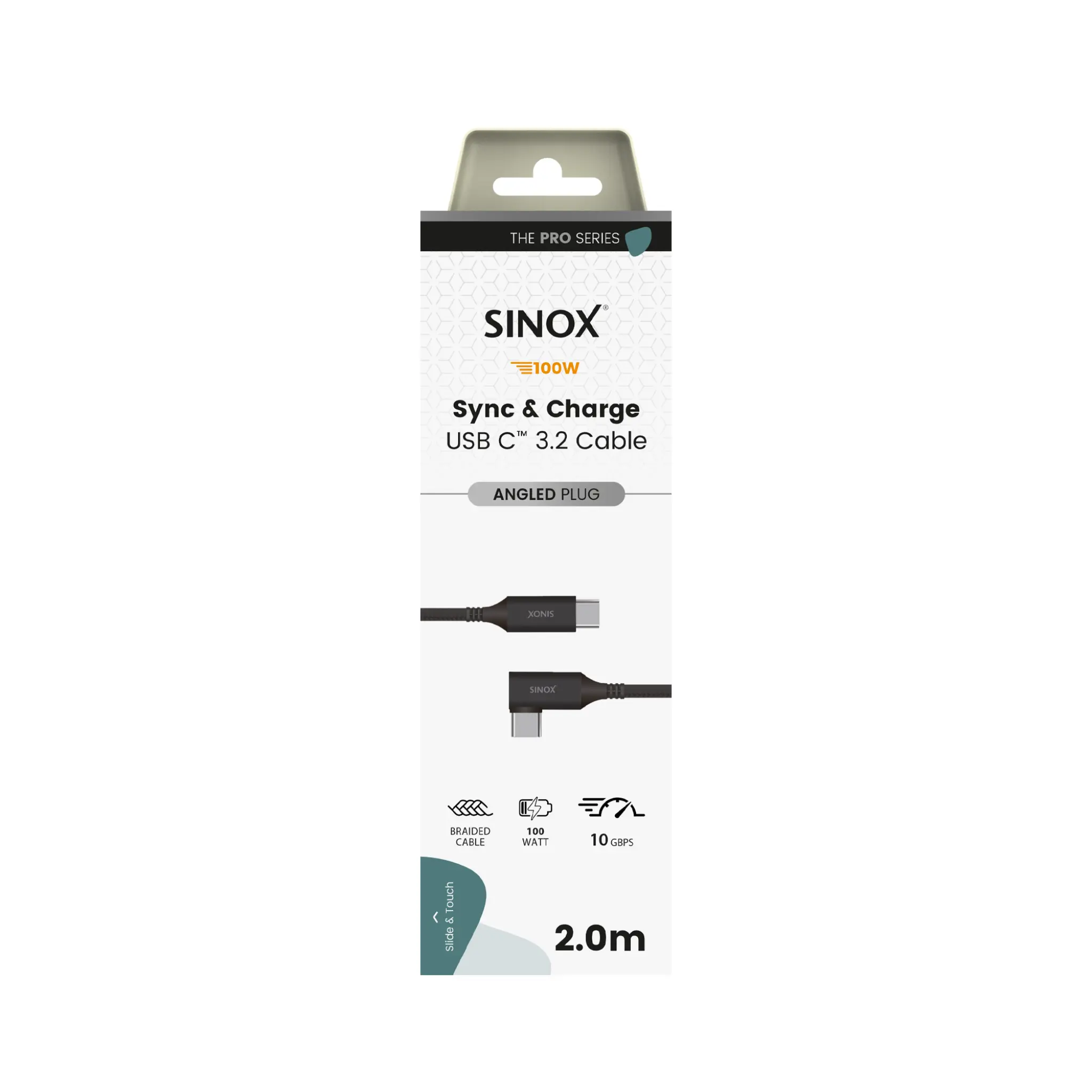 Sinox PRO USB C 3.2 Gen 2 vinklet kabel. 2m. Svart