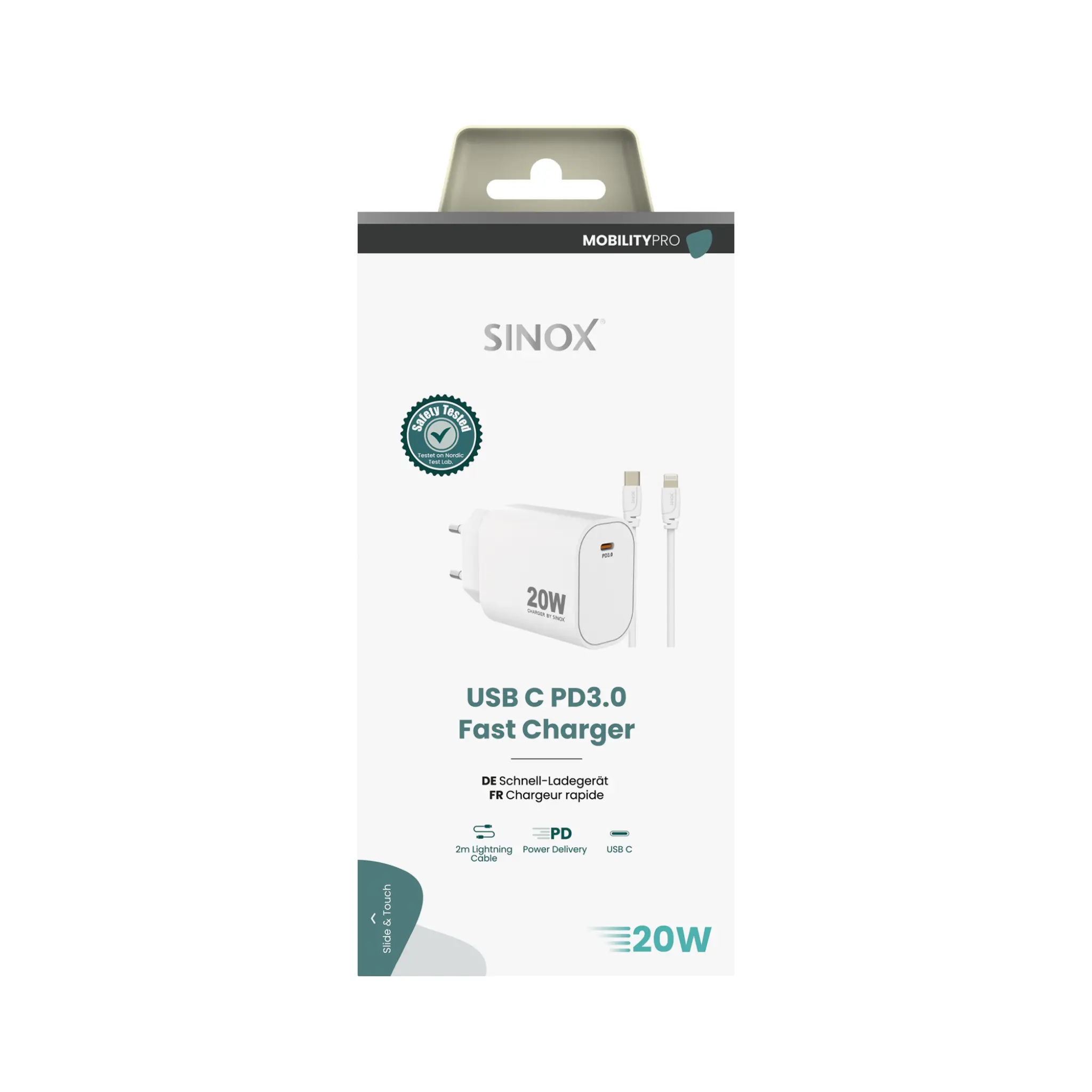 Sinox PRO vegglader USB-C PD 20W med Lightning kabel. Hvit