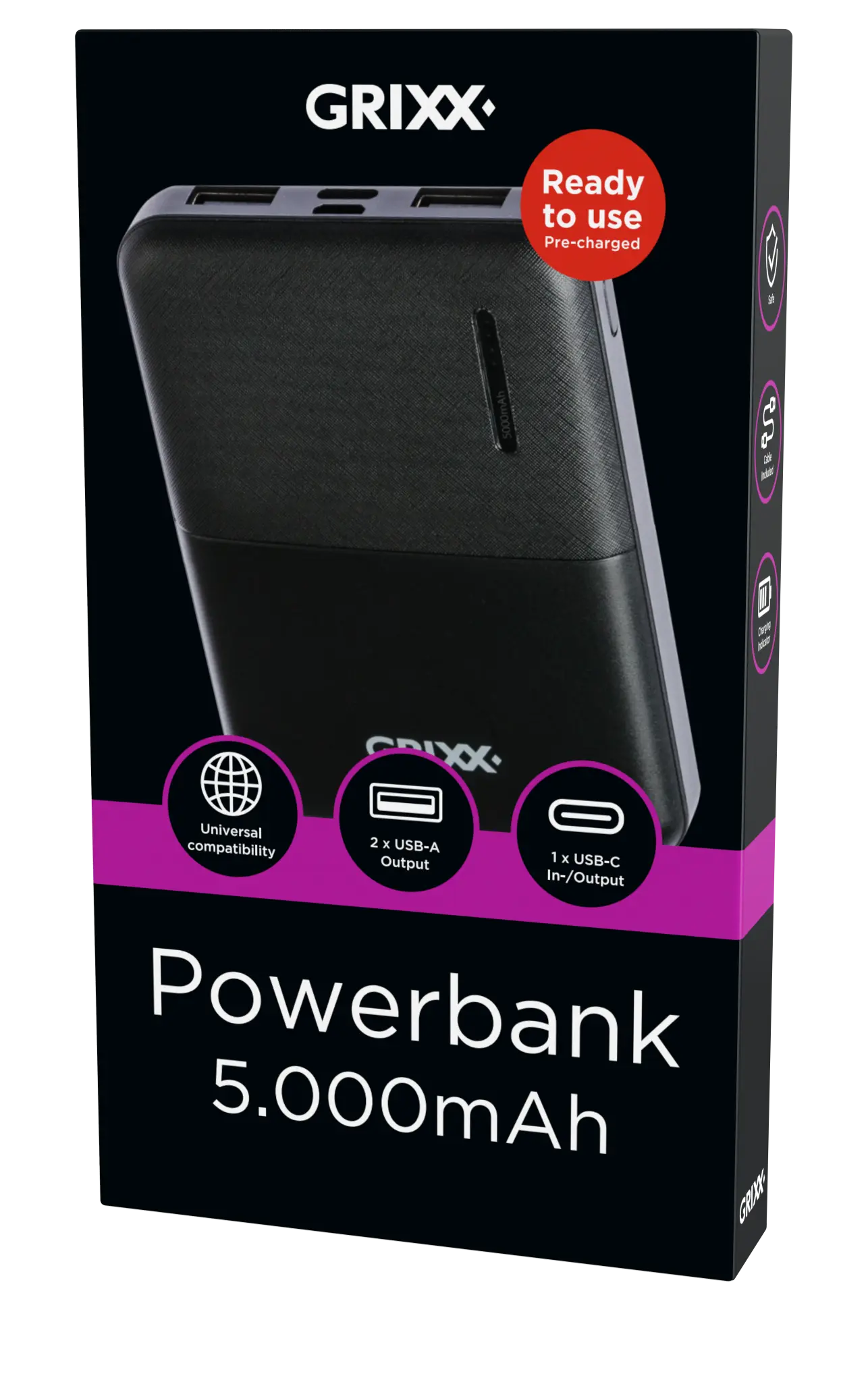 Grixx Powerbank 5.000mAh. Black