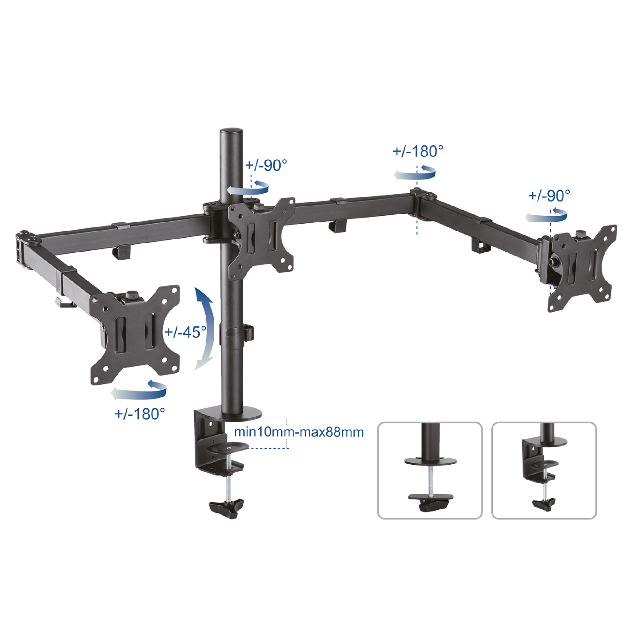 Sinox Office Tripple Monitor Desk Mount. Opp til 27". Svart