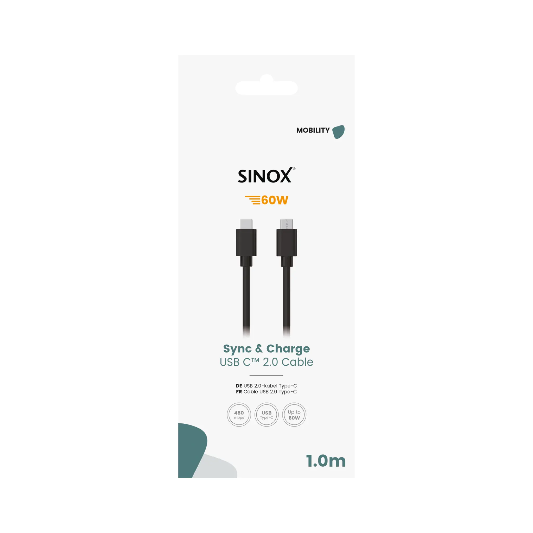 Sinox USB C-kabel. 1m. Svart