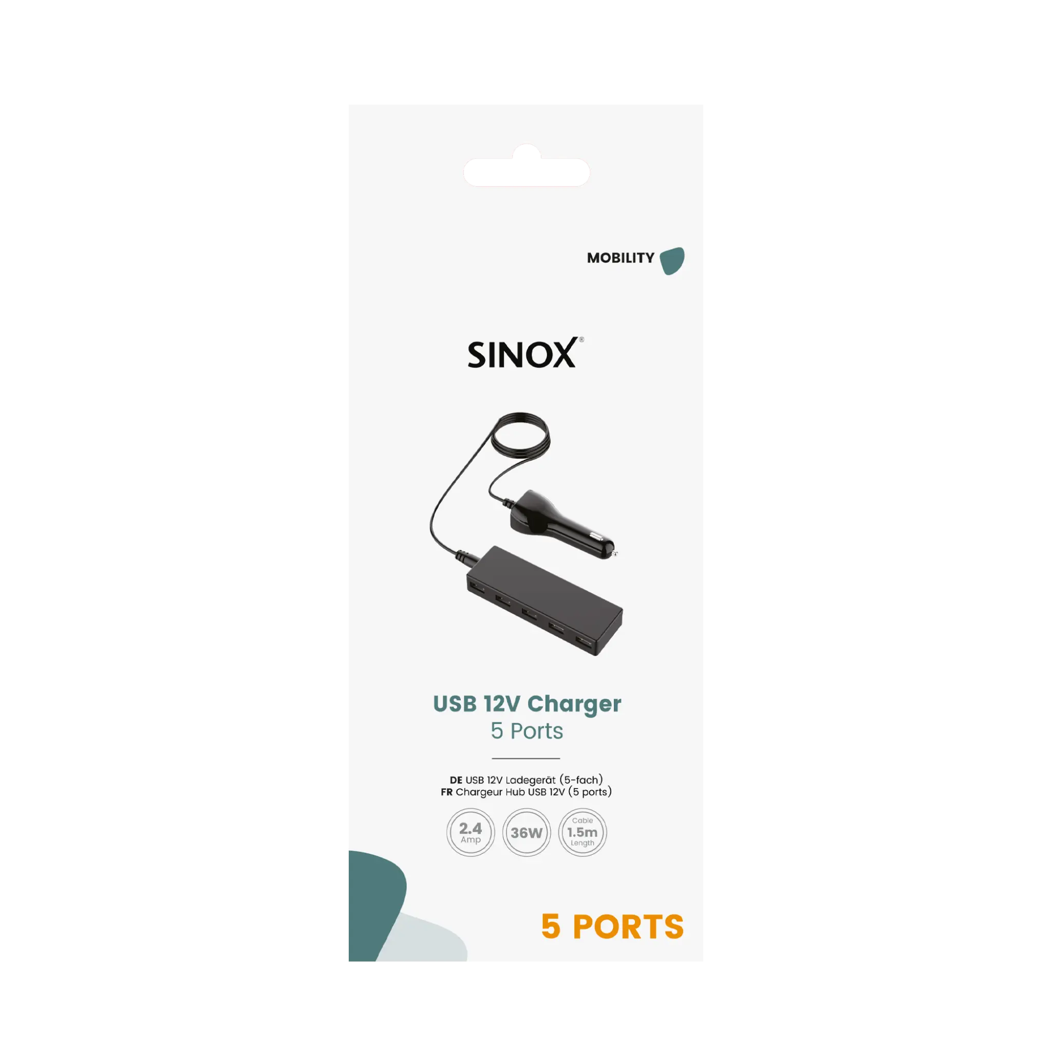 Sinox 12V USB A billader. 7.2A. 1.5m. Svart