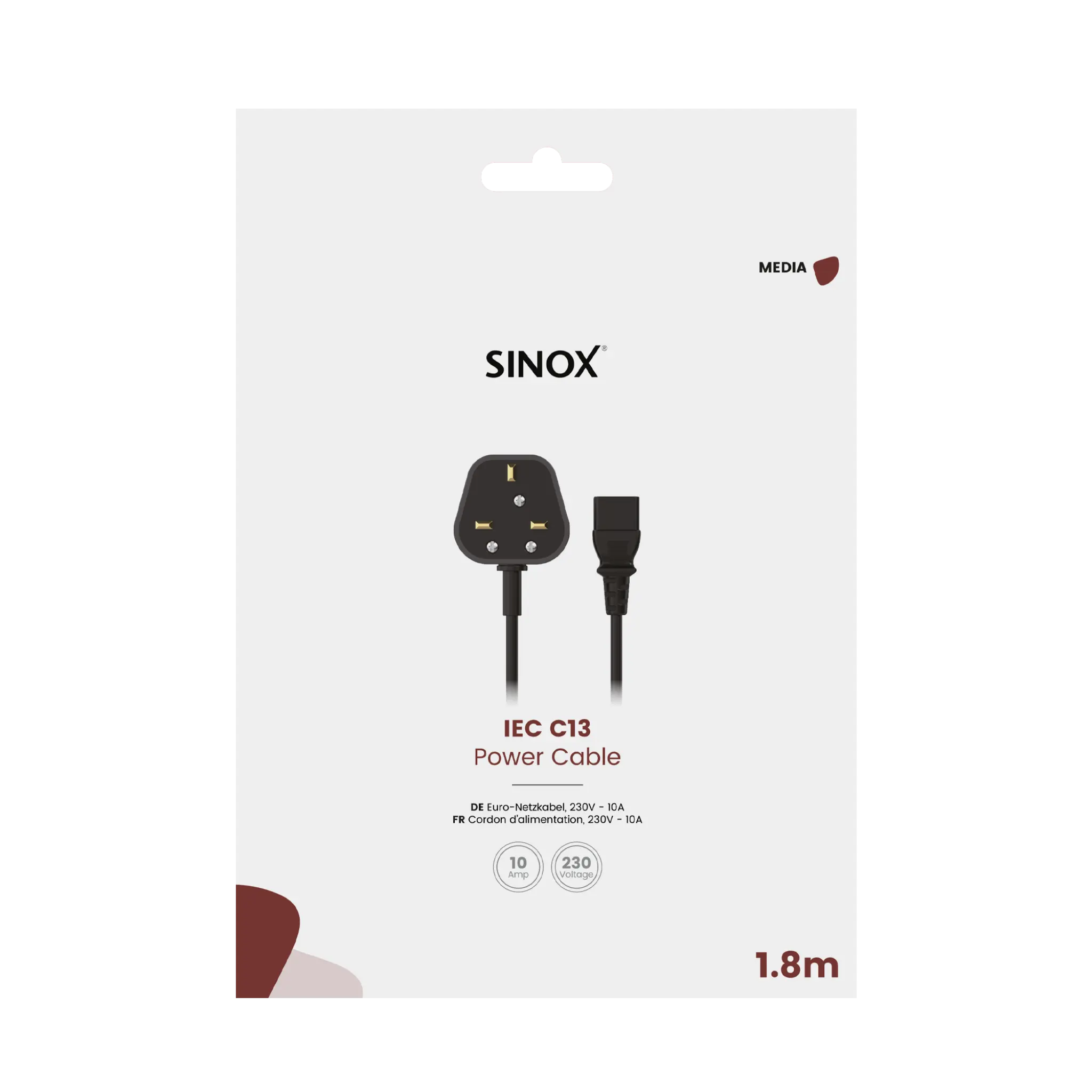Sinox 3-pinners strømkabel med britisk støpsel. 1.8m. Svart
