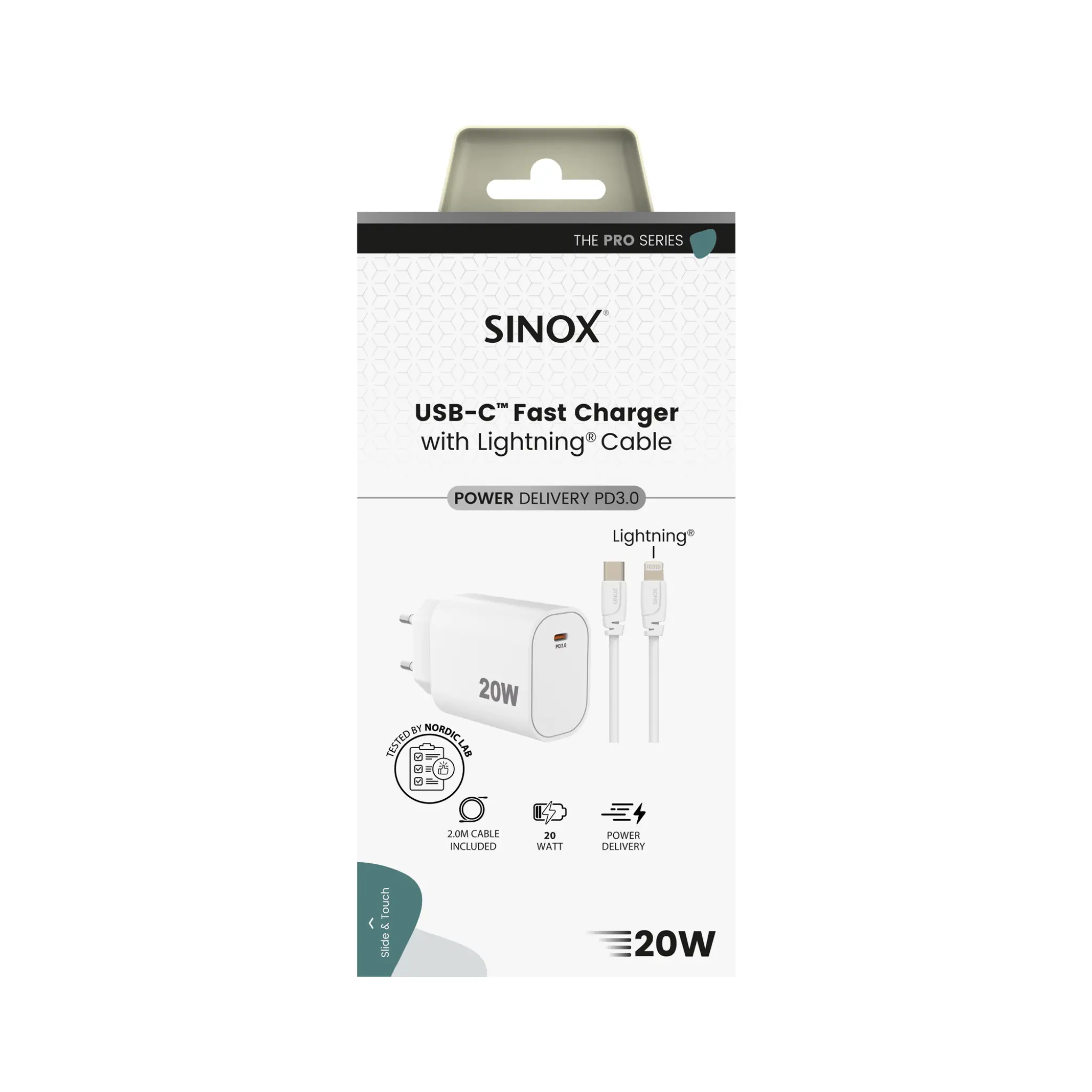 Sinox PRO vegglader USB-C PD 20W med Lightning kabel. Hvit