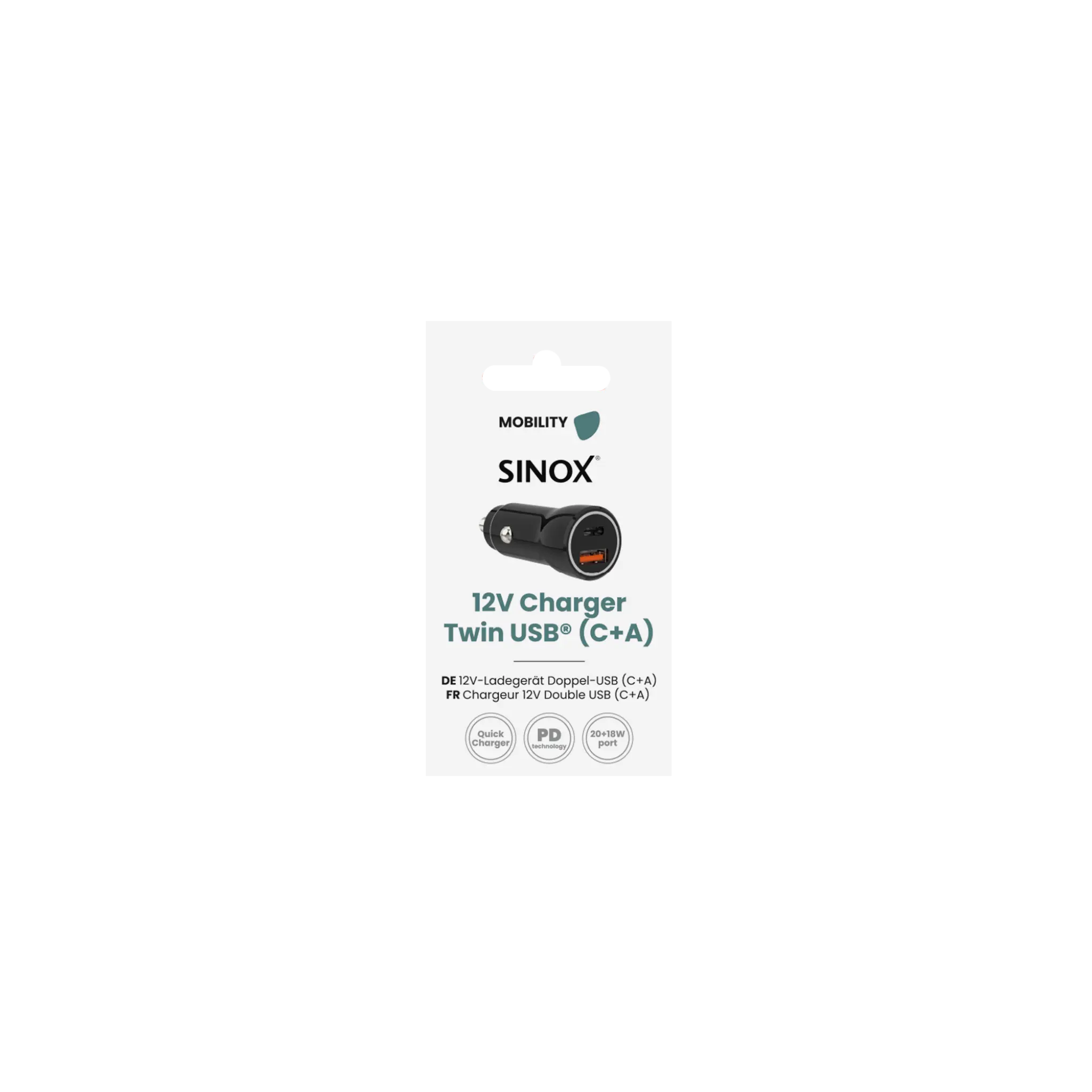 Sinox 12V dobbel billader. USB A 18W + USB C 20W. Svart