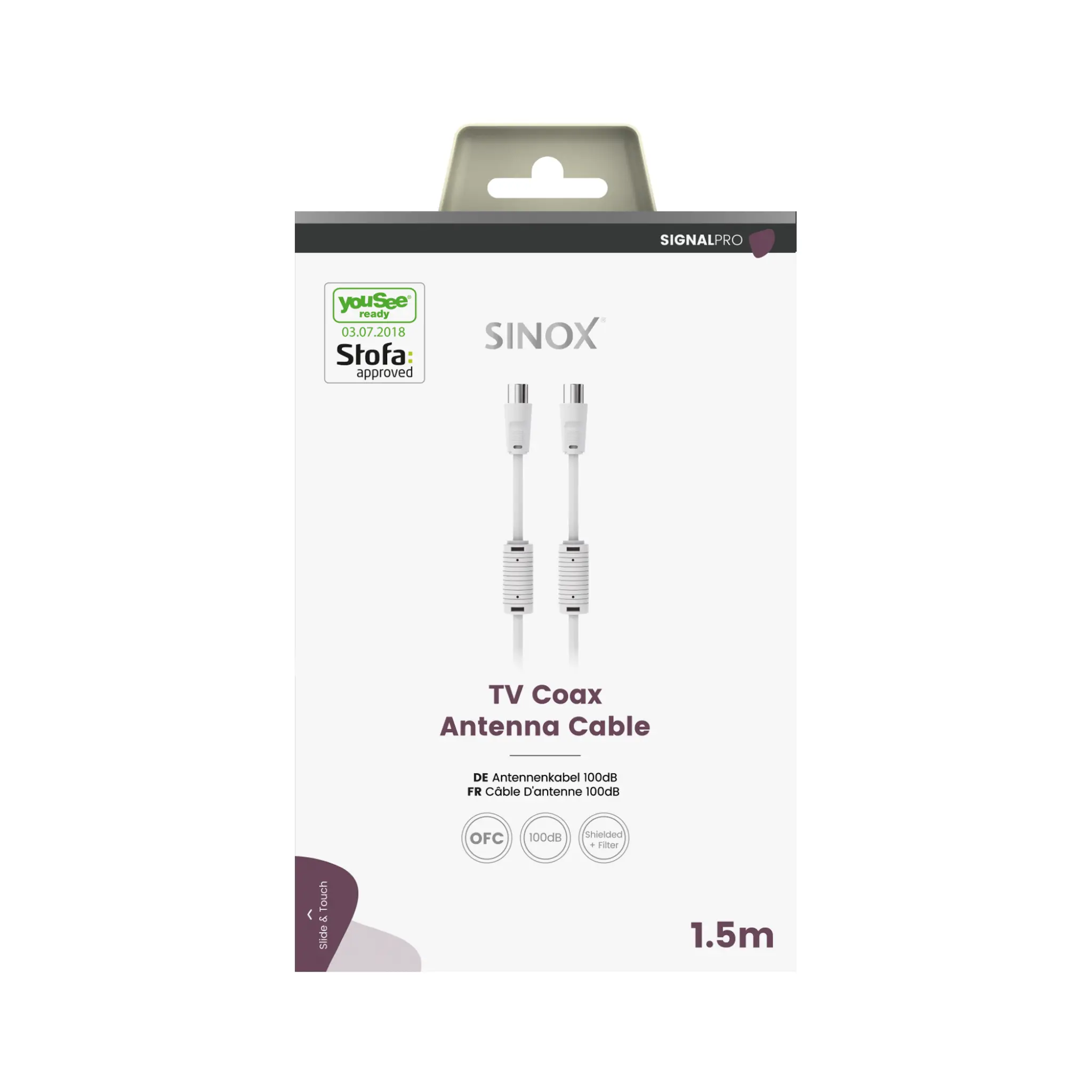 Sinox PRO Antennekabel YouSee Ready & Stofa godkjent. 1.5m. Hvit